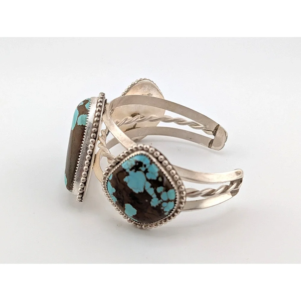 Natural Number 8 Turquoise Silver Cuff Bracelet Large 3 Stone Southwest Jewelry* - Picture 6 of 9